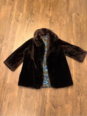 Vintage Sears Brown Faux Fur Coat with Blue Patterned Lining